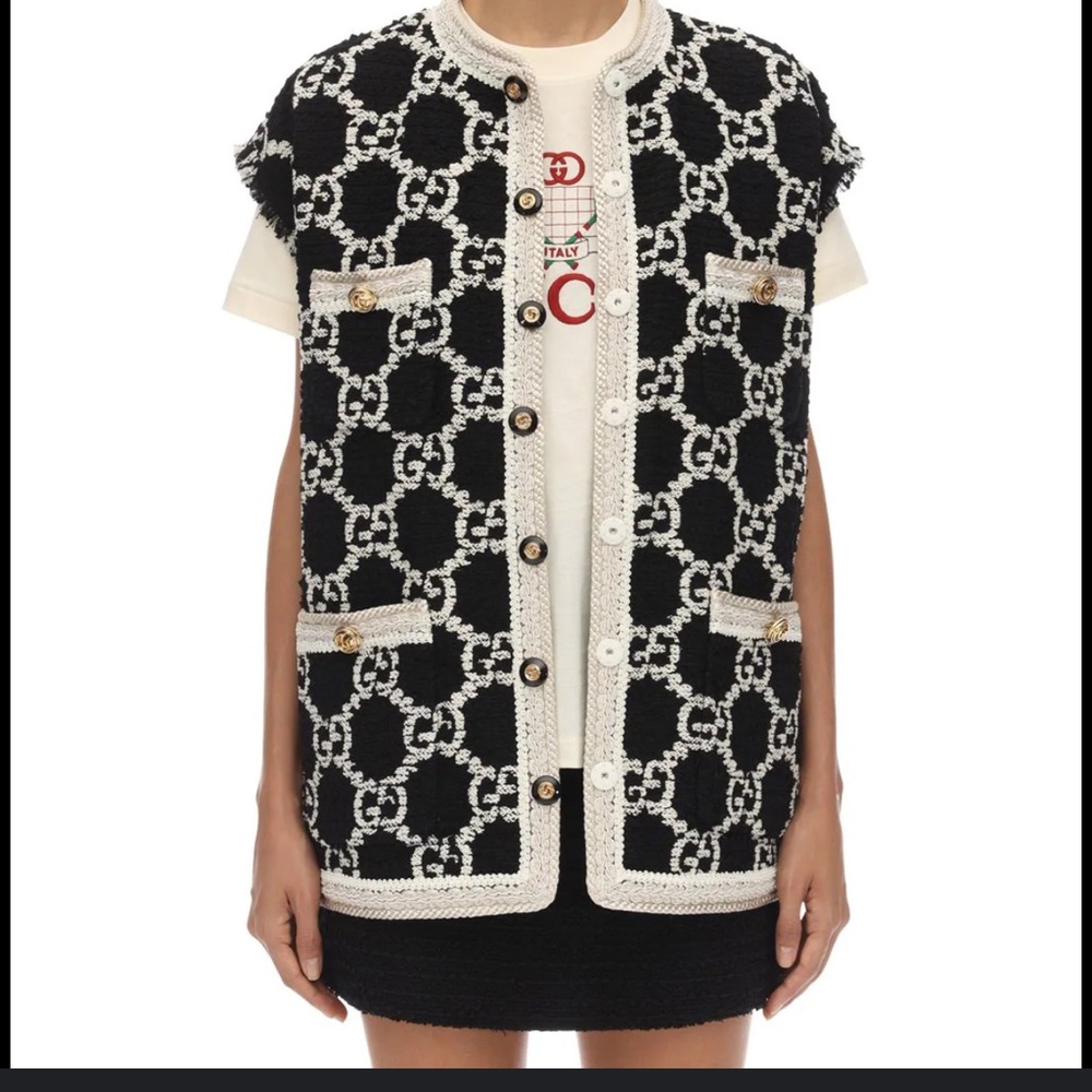 Gucci GG Logo Sweater Vest Coat Jacket Oversize  
Tweed Vest Black white - Picture 2 of 10